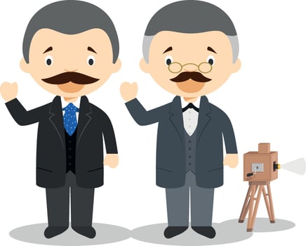 Auguste and Louise Lumiere cartoon character. Illustration. Kids History Collection. vector