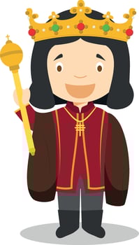 Ferdinand II of Aragon, called The Catholic, cartoon character. Illustration. Kids History Collection. vector