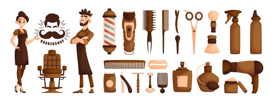 Barber shop tools set with barber and hairdresser vector