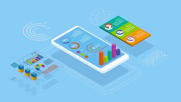 Application of Smartphone with Market trend analysis, business graph, analytics data and Data Visualization. Illustration eps10 vector