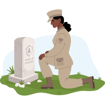 Military soldier black woman on one knee in front of gravestone png