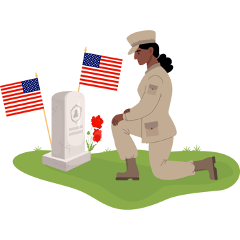 Military soldier ethnic woman in front of American grave with flags png