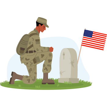 Military black soldier on one knee in front of American grave png