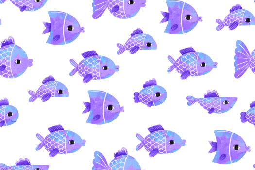 Seamless pattern with cartoon blue fish. Deep underwater. Children's hand drawn illustration on isolated background png