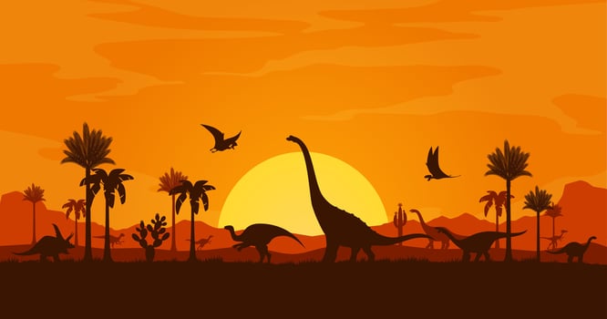 Tropical sunset landscape and dinosaur silhouettes vector