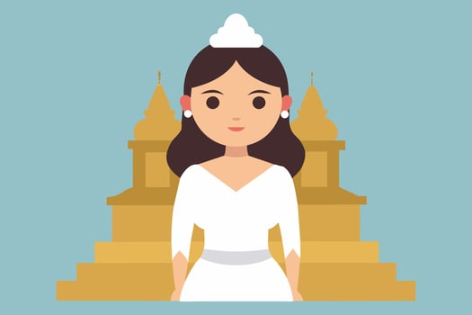 Thai woman in traditional white attire against backdrop of Buddhist temple. Simple Graphic art. Concept of spirituality, tradition, Asian culture, peaceful meditation vector