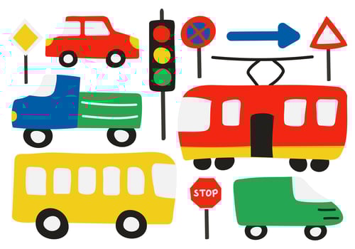 Set of transport and Traffic signs for Child. Cars, van, truck. Public Transport - bus and tram. Stop sign and traffic light. Side view. Variations. Bright colors. Doodle style. illustration vector