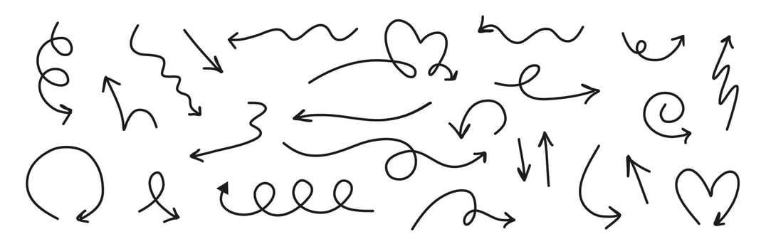 Arrow doodle style set. Swirl outline arrows. Handdrawn cute arrows. vector