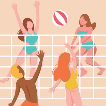 Happy cartoon people playing beach volleyball on sand in summer. Players in swimsuits throwing ball through net. Summer Activities. illustration of beach volley isolated on white background vector