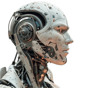 a robot head with a face and a mechanical body on transparent background. png