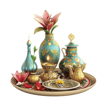 an ornate vase with flowers and candles on a tray on transparent background. png