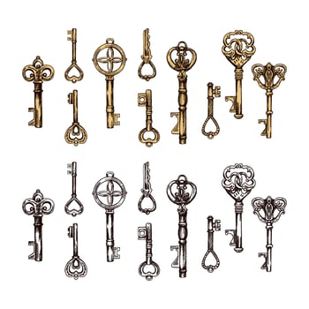 Hand-drawn colored and outline sketch set of vintage decorative keys with intricate forging. Ink and pen drawing illustration, keys on white background. vector
