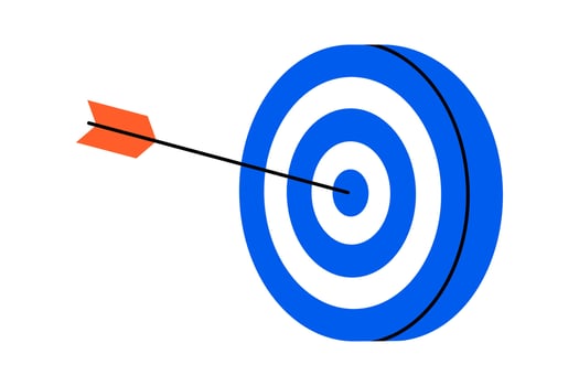 Hand drawn cute illustration of arrow hit center of target. Flat hit the bull's eye in doodle. Successful strategy icon. Goal achievement. Find problem solution. Unsuccessful attempts. Isolated vector