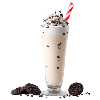 Cookies and cream milkshake served in a classic glass topped with cookie crumbles isolated on png