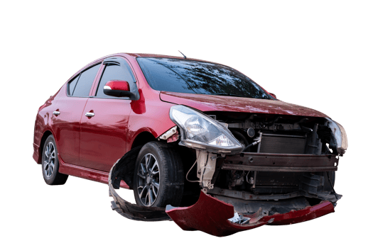 Car crash, Full body front and side view of red car get damaged by accident on the road. damaged cars after collision. Isolated on transparent background, car crash broken, File png