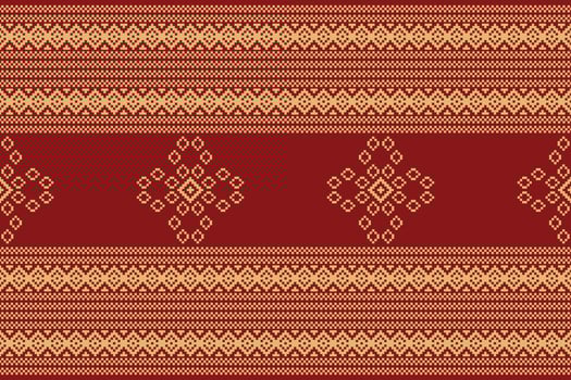 Traditional ethnic motifs ikat geometric fabric pattern cross stitch.Ikat embroidery Ethnic oriental Pixel red background. Abstract,illustration. Texture,christmas,decoration,wallpaper. vector