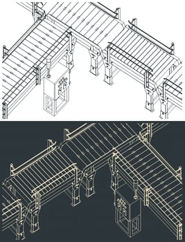 Automated factory conveyor line isometric blueprints vector