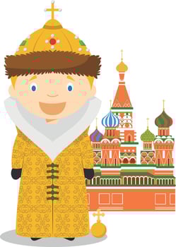 Russian empire cartoon character with Saint Basils Cathedral. Illustration. Kids History Collection. vector