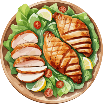 Isolated delicious grilled chicken breast salad in wooden plate, watercolor cartoon clipart for healthy food, quick dinner recipes, diet, calories, home cooking, nutrition, menu, weight control, meal png