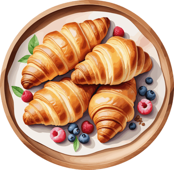 Watercolor delicious crispy and flaky croissants with fruits, isolated food clipart , design element for pastry, quick breakfast idea, food, recipe, bakery, nutrients, homemade pastry png