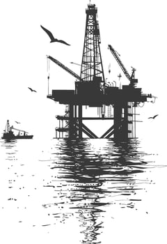 silhouette oil platform or oil derrick in the sea black color only vector