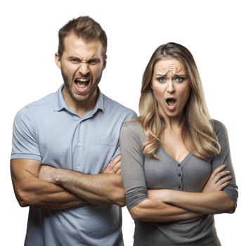 Two Adults Expressing Shock and Disbelief With Arms Crossed Against a Transparent Background png