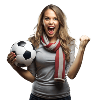 Enthusiastic Female Football Fan on Transparent Background Celebrating Victory with Ball and Cheering png