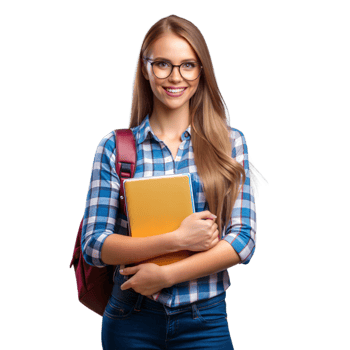Woman With Glasses Holding a Folder and Smiling on transparent background. png