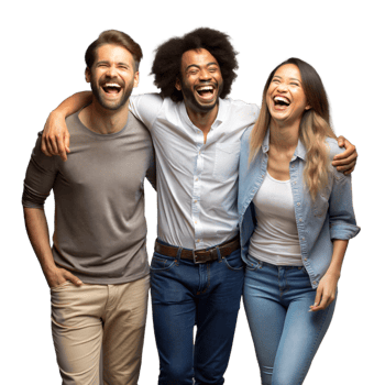 Three Friends Laughing Together Arm in Arm on a Transparent Background png