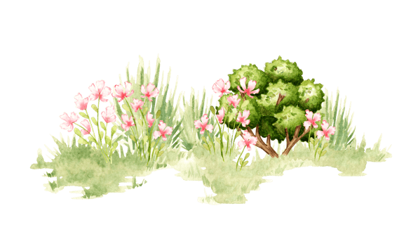 Clearing with pink flowers and bushes in watercolor png