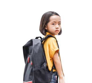 Asian little girl with big backpack Isolated on transparent background. Back to School concept. png