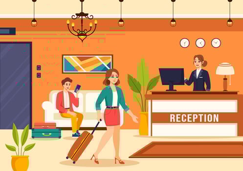 Hotel Reception Interior Illustration with Receptionist People and Travelers for Booking in Flat Cartoon Background vector