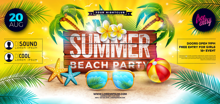 Summer Beach Party Banner Flyer Design with Sunglasses and Beach Ball on Tropical Island with Typography Lettering on Vintage Wood Board Background. Summer Holiday Illustration with Exotic Palm vector