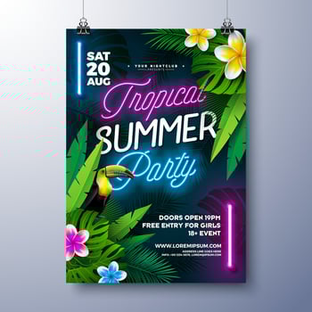 Summer Party Flyer Design Template with Glowing Neon Light and Exotic Flower on Tropic Leaves Background. Summer Celebration Holiday Illustration for Banner, Invitation or Celebration Poster. vector
