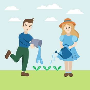 Children grow plants. A boy and a girl are watering the sprouts. Young gardeners. vector