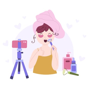 Beauty blogging concept. Recording makeup tutorial and cosmetics review. cartoon flat illustration. vector