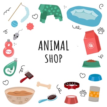 Pet shop set of illustrations. Pet products. Square text frame. vector