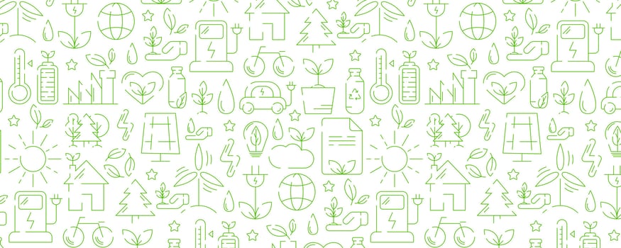 Ecology seamless pattern, green linear icons. Environmental improvement, sustainability, recycle, renewable energy. Eco friendly banner. For cover, wrapping paper, textile print. vector