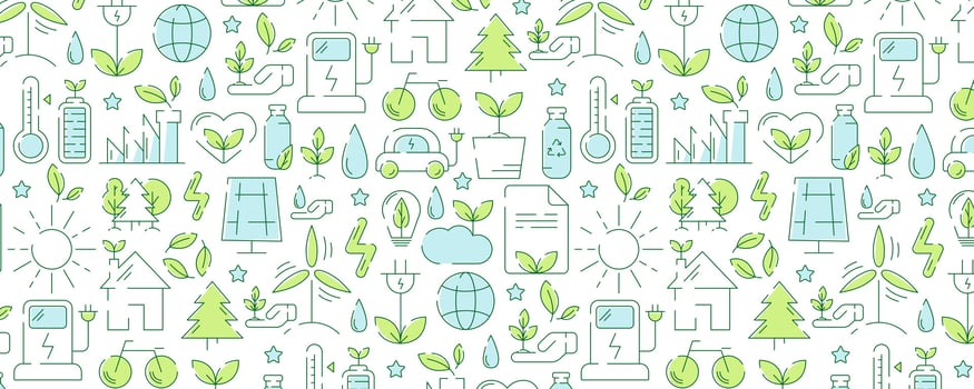 Ecology seamless pattern, colorful line icons. Environmental improvement, sustainability, recycle, renewable energy. Eco friendly banner. For cover, wrapping paper, textile print vector