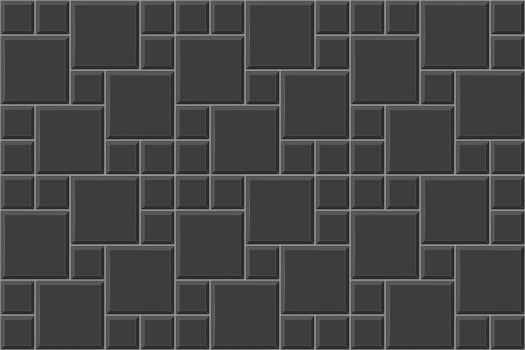 Black multi pinwheel tile pattern. Kitchen backsplash mosaic surface. Bathroom, shower or toilet floor decoration. Pavement texture. Stone or ceramic brick wall background vector