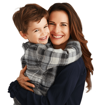 Mother holding eight year old child while smiling. Transparent background, suitable for parents' day and mother's day png