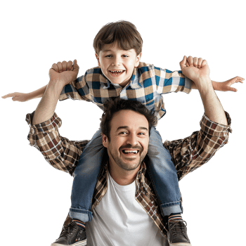 Father holding his eight year old son on his shoulders while smiling. Transparent background, suitable for parents' day and father's day png