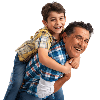 Father holding his eight year old son on his shoulders while smiling. Transparent background, suitable for parents' day and father's day png