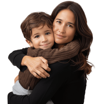 Mother holding eight year old child while smiling. Transparent background, suitable for parents' day and mother's day png
