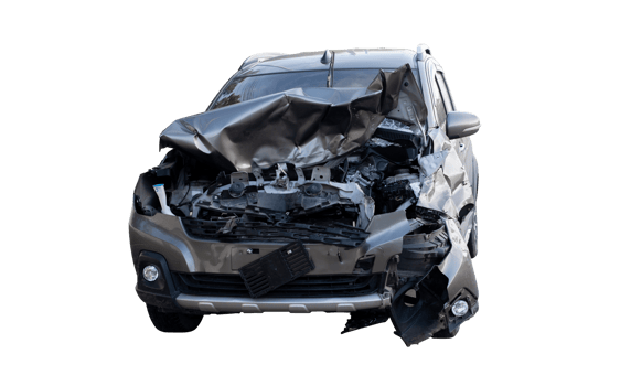 Car crash, Front view of new bronze car get damaged by accident on the road. damaged cars after collision. isolated on transparent background, car crash bumper graphic design element, File png