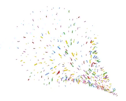 Colorful confetti and serpentine ribbons falling from above. Streamers, tinsel seamless frame border background in simple flat cartoon modern style. vector