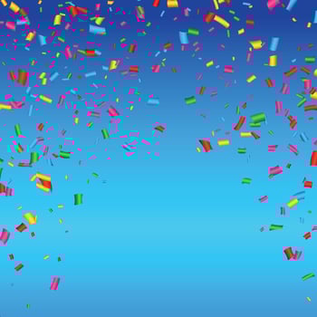 Colorful confetti and serpentine ribbons falling from above. Streamers, tinsel seamless frame border background in simple flat cartoon modern style. vector