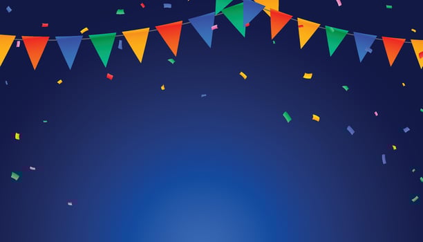 Festive flag garlands with confetti, streamer ribbons illustration. Triangle buntings, serpentine in simple flat style, on white background. Carnival, birthday, circus party design decoration. vector
