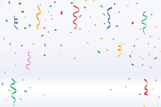 Colorful confetti and serpentine ribbons falling from above. Streamers, tinsel seamless frame border background in simple flat cartoon modern style. vector