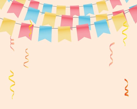 Festive flag garlands with confetti, streamer ribbons illustration. Triangle buntings, serpentine in simple flat style, on white background. Carnival, birthday, circus party design decoration. vector